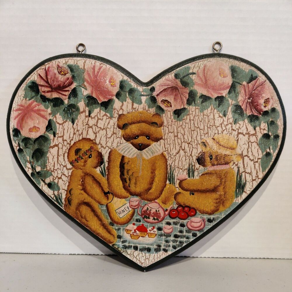 Vintage Handpainted Folk Art Wooden Heart Hanging Artwork Bears Tea Party wHooks